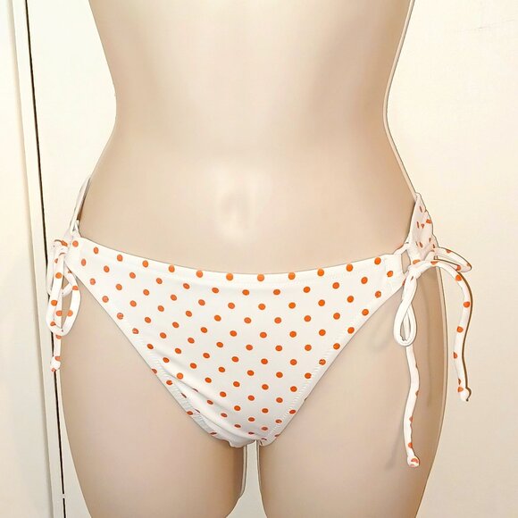 Victoria' Secret Double Tie Bikini Bottom Medium NWOT White Orange Polka Dots - Picture 1 of 14